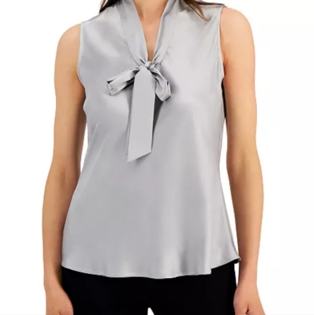 Silver Gray NWT Sleeveless XS Pullover Ties Front Dressy Floaty Blouse Kasper